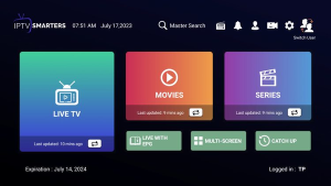 Zo zet je ondertiteling in IPTV Smarters Pro aan: de complete handleiding 1 Hoofdmenu van IPTV Smarters Pro met Live TV, Movies en Series.