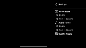 Zo zet je ondertiteling in IPTV Smarters Pro aan: de complete handleiding 3 Afspeelinstellingen met Video Tracks, Audio Tracks en een lege sectie Subtitle Tracks.