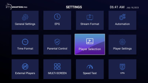 Zo zet je ondertiteling in IPTV Smarters Pro aan: de complete handleiding 5 Instellingenmenu van IPTV Smarters Pro met General Settings, Player Selection en Player Settings.