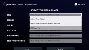 Zo zet je ondertiteling in IPTV Smarters Pro aan: de complete handleiding 8 Geopend spelersmenu met Built-in Player Native, Hardware/Software Decoder en MX Player Pro.