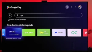Waarom IPTV blokkeert in Nederland: blokkades, storingen en accountoorzaken 8 Een Android TV toont zoekresultaten voor VPN-apps in Google Play, waaronder Proton VPN en NordVPN.