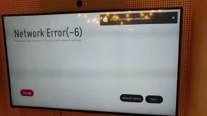 Waarom IPTV blokkeert in Nederland: blokkades, storingen en accountoorzaken 9 Een LG-scherm toont Network Error (-6) met knoppen voor netwerkinstellingen en opnieuw proberen.