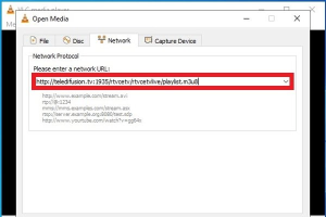 Zo kijk je IPTV op je pc, stap voor stap 20 Netwerktabblad van VLC met een voorbeeldstreamadres in het URL-veld.
