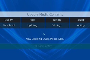 IPTV op meerdere tv’s: de complete gids in 10 stappen 11 XCIPTV-laadscherm met de voortgang voor Live TV, VOD, Series en Guide.