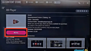 Hoe kun je IPTV installeren op Smart TV? 3 IBO Player in de LG Content Store met de knop Install gemarkeerd.