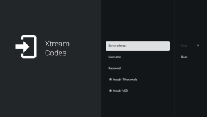 Gratis IPTV: test een dienst 24 uur voordat je kiest 5 Het Xtream Codes-scherm in TiviMate met lege velden voor serveradres, gebruikersnaam en wachtwoord.