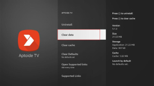 Gratis IPTV: test een dienst 24 uur voordat je kiest 7 Het appmenu van Fire TV met Clear data geselecteerd om opgeslagen appgegevens te wissen.