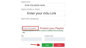 IBO Player Pro activeren voor IPTV: de complete handleiding in 10 stappen 6 Een afspeellijstformulier met velden voor de naam, M3U-link, optionele EPG-URL en een Save-knop.