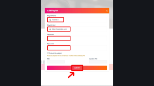 IBO Player Pro activeren voor IPTV: de complete handleiding in 10 stappen 7 Het Xtream-formulier met aparte velden voor de afspeellijstnaam, server, gebruikersnaam en het wachtwoord.