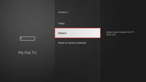 IBO Player Pro activeren voor IPTV: de complete handleiding in 10 stappen 8 Het menu My Fire TV met de optie Restart geselecteerd om de streamingstick opnieuw te starten.