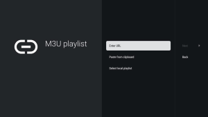 Hoe werkt de TiviMate IPTV player? De complete gids in 10 stappen 4 Het scherm Playlist URL in TiviMate met een ingevuld M3U-adres en de knop Next.