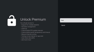 Hoe werkt de TiviMate IPTV player? De complete gids in 10 stappen 9 Het scherm Unlock Premium in TiviMate met extra functies en de knop Next.