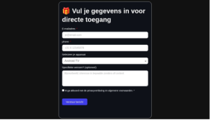 Leeg aanvraagformulier met velden voor e-mailadres, telefoonnummer, apparaat en specifieke wensen.