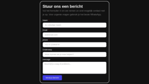 Leeg supportformulier met velden voor naam, e-mail, telefoonnummer, onderwerp en bericht.