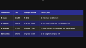 Tabel met abonnementen van één, drie, zes en twaalf maanden, prijzen en bedragen per maand.