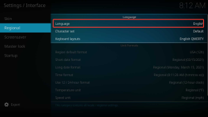 IPTV met Kodi: complete installatiegids voor beginners 5 Paramètres de l'interface Kodi avec les options Régionale et Langue mises en évidence.