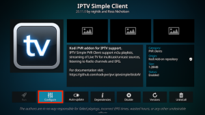 IPTV met Kodi: complete installatiegids voor beginners 8 Écran d'information du client IPTV Simple avec l'option Configurer mise en évidence et le module complémentaire activé.