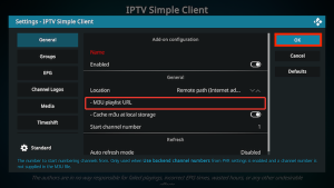 IPTV met Kodi: complete installatiegids voor beginners 10 Le champ URL de la liste de lecture M3U et l'option « Mettre en cache le fichier m3u sur le stockage local » dans IPTV Simple Client.