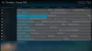 IPTV met Kodi: complete installatiegids voor beginners 13 Guide des programmes Kodi avec chronologie et blocs de programmes ; les noms des chaînes et les titres des programmes sont estompés.