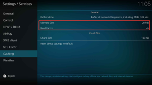 IPTV met Kodi: complete installatiegids voor beginners 15 Paramètres des services Kodi avec la taille de la mémoire et le facteur de lecture mis en évidence sous Mise en cache.