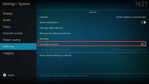 IPTV met Kodi: complete installatiegids voor beginners 17 Paramètres système de Kodi avec les sources inconnues désactivées et surlignées en rouge.