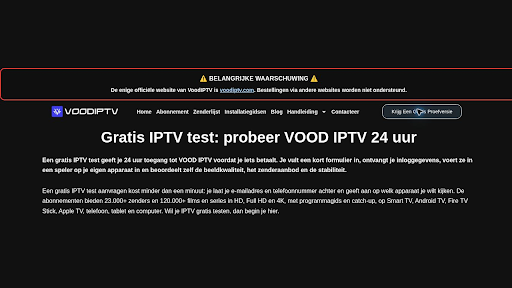 Bovenkant van de VOOD IPTV proefpagina met uitleg over de gratis test van 24 uur.