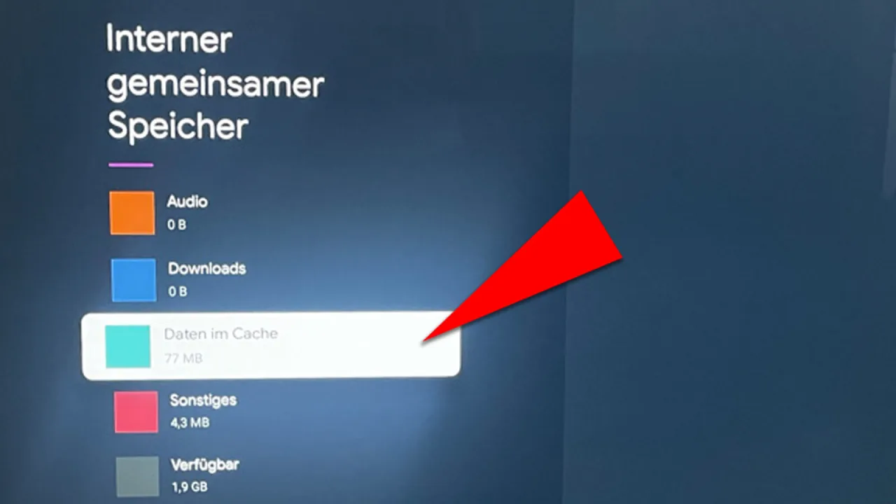 IPTV op Chromecast met Google TV: stap voor stap installeren 7 Duitstalig opslagoverzicht met 1,9 GB beschikbare ruimte en geselecteerde cachegegevens.