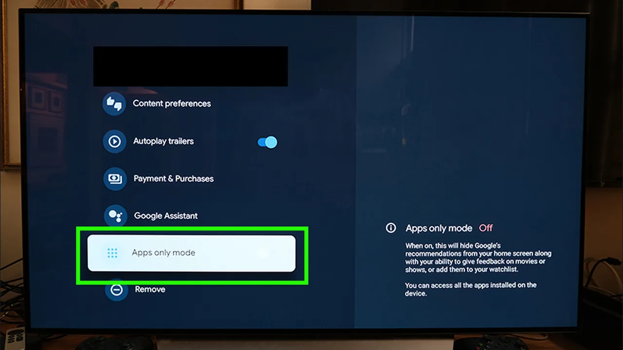 IPTV op Chromecast met Google TV: stap voor stap installeren 36 Google TV-accountmenu met Apps only mode geselecteerd en de status Off zichtbaar.