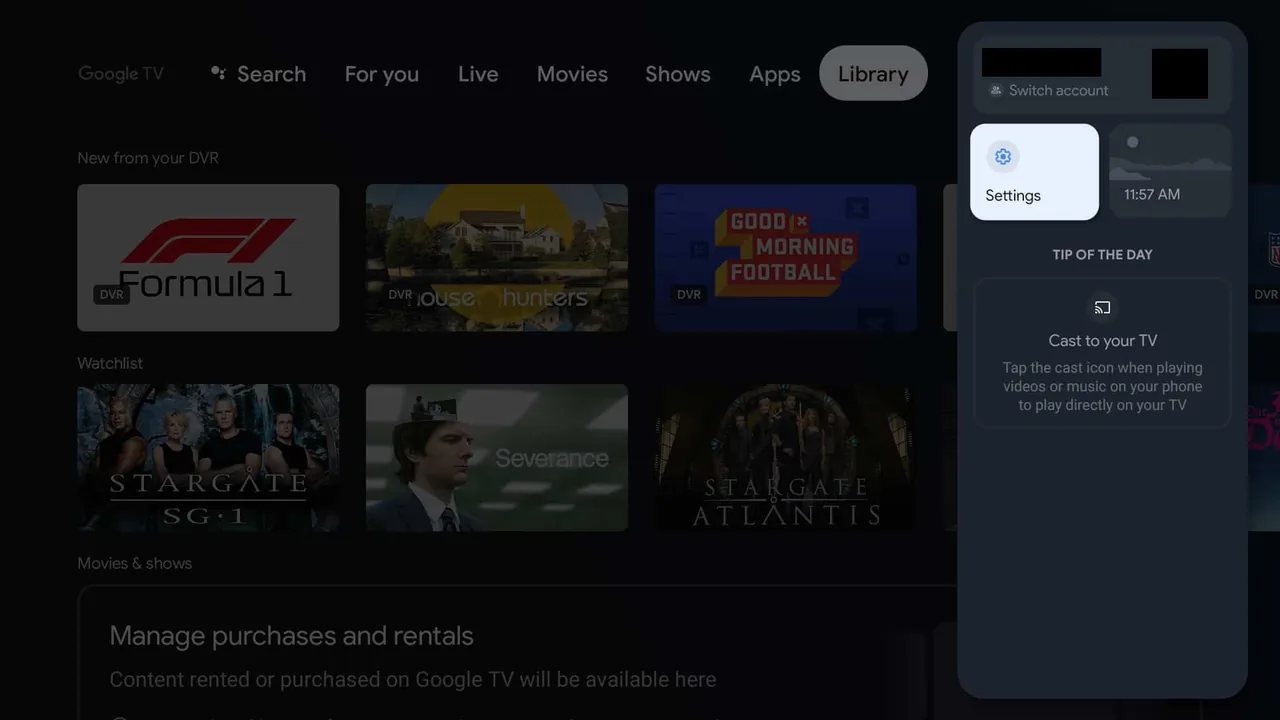IPTV op Chromecast met Google TV: stap voor stap installeren 3 Google TV-profielmenu met de knop Settings geselecteerd en de accountgegevens afgeschermd.