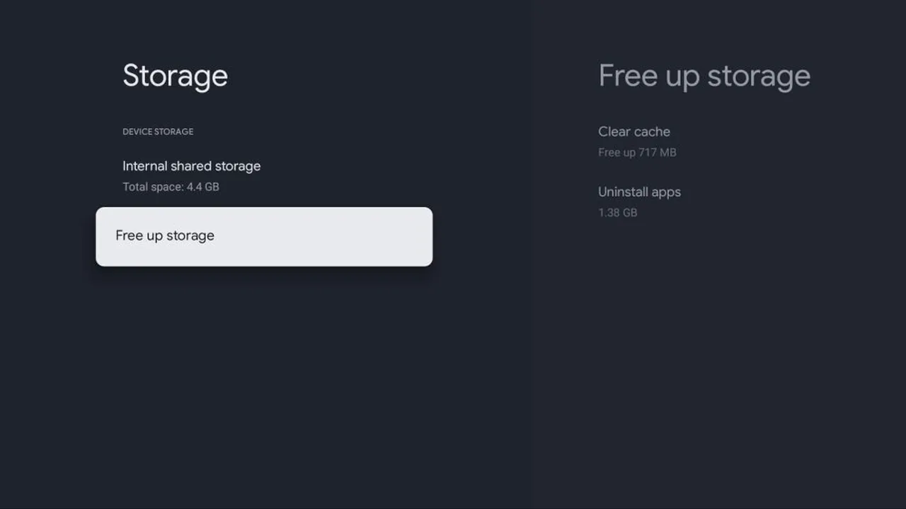 IPTV op Chromecast met Google TV: stap voor stap installeren 6 Het Google TV-menu Storage met Internal shared storage en Free up storage.
