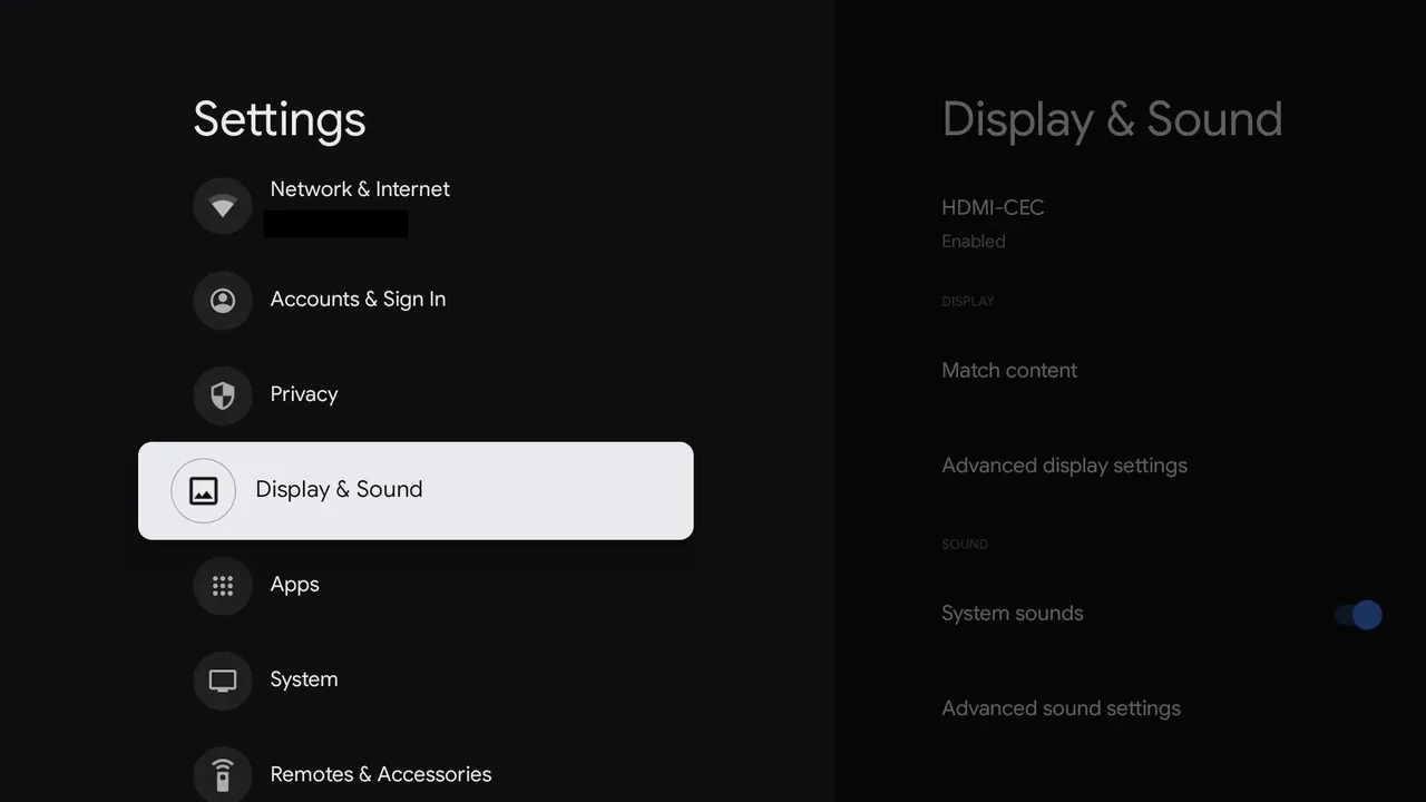 IPTV op Chromecast met Google TV: stap voor stap installeren 31 Google TV-instellingen met Display and Sound en de bijbehorende beeld- en geluidsopties.