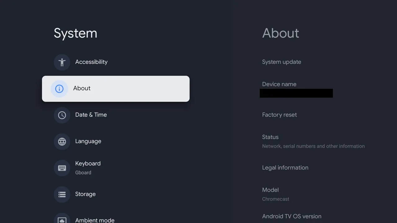 IPTV op Chromecast met Google TV: stap voor stap installeren 4 Het Google TV-menu System met About geselecteerd.