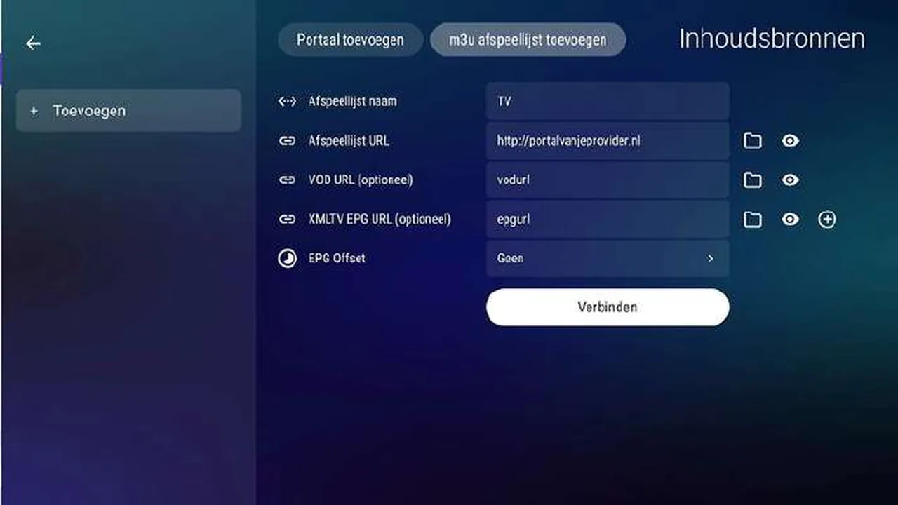 Wat is de URL voor IPTV Online 3? Waar je hem vindt en hoe je hem gebruikt 1 Scherm voor een m3u-afspeellijst met velden voor naam, afspeellijst-URL, VOD-URL en XMLTV EPG-URL.