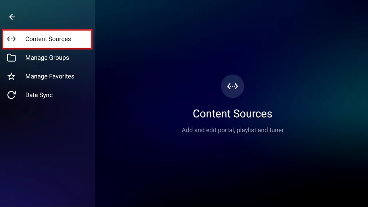 Wat is de URL voor IPTV Online 3? Waar je hem vindt en hoe je hem gebruikt 3 Content Manager met Content Sources geselecteerd en de opties Manage Groups, Manage Favorites en Data Sync.