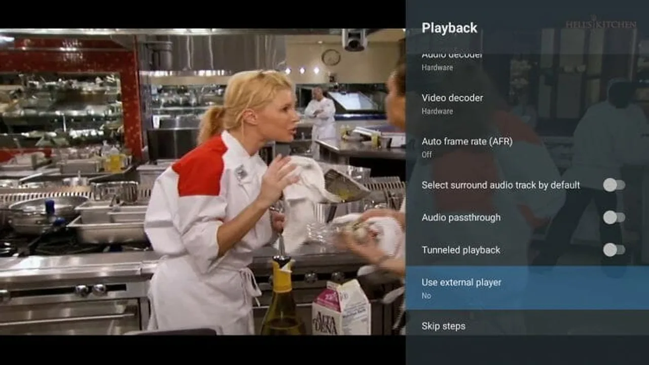 IPTV op Chromecast met Google TV: stap voor stap installeren 28 TiviMate-menu Playback met decoderinstellingen, Auto frame rate en Use external player.