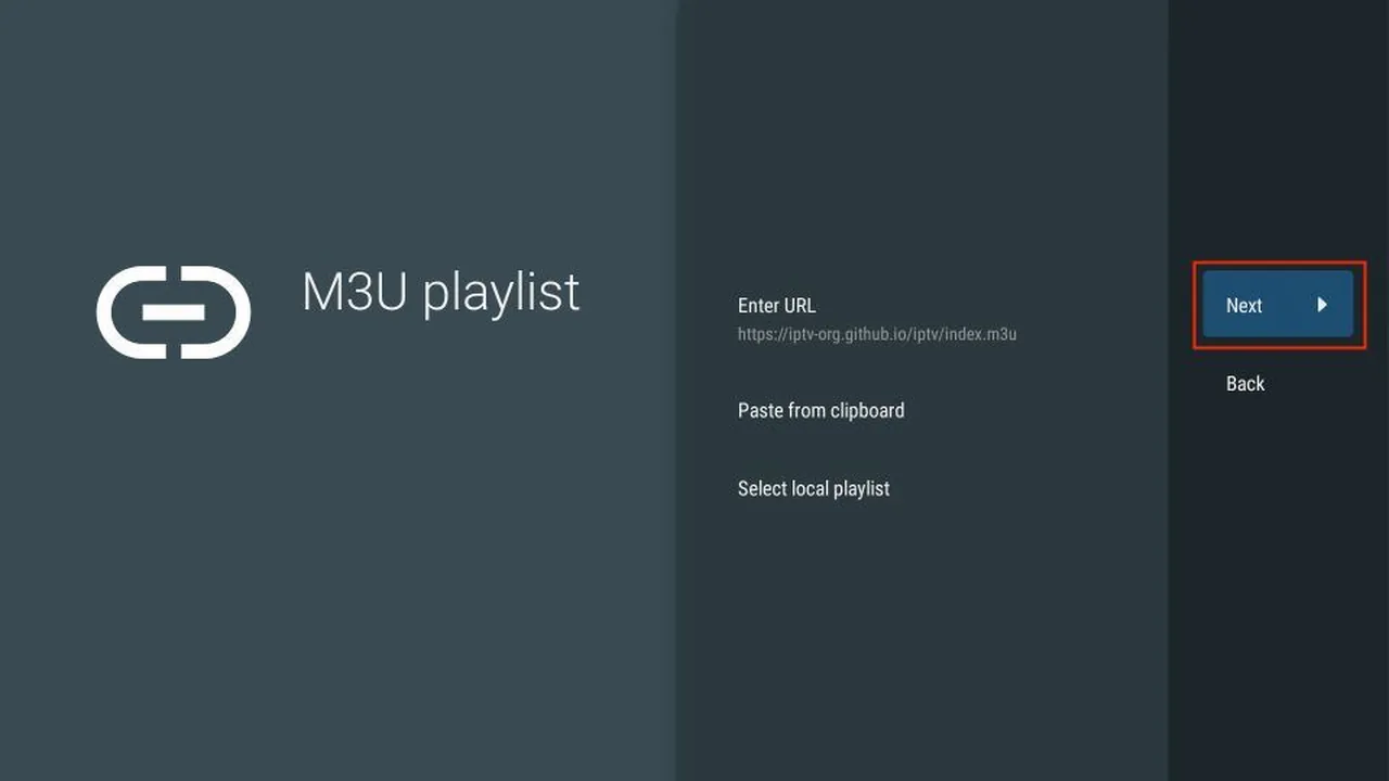 IPTV op Chromecast met Google TV: stap voor stap installeren 20 TiviMate-scherm M3U playlist met de knop Next geselecteerd.