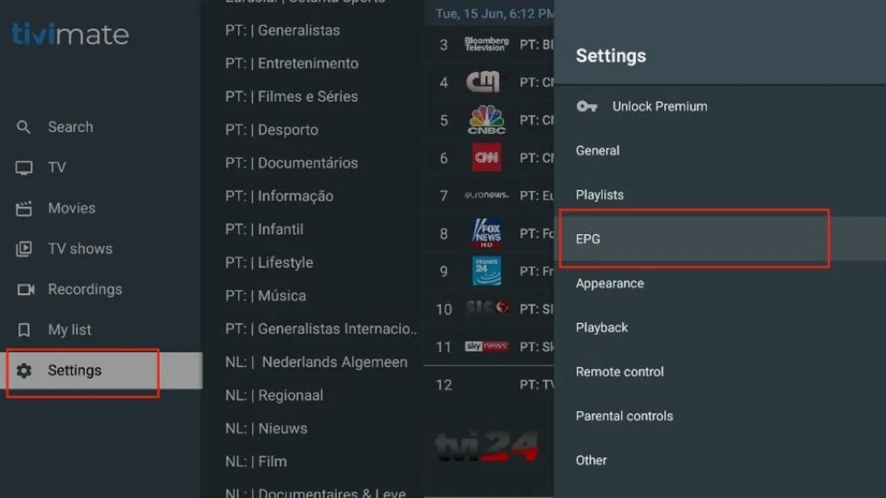 IPTV op Chromecast met Google TV: stap voor stap installeren 23 TiviMate-instellingen met EPG in het menu naast de zenderlijst.