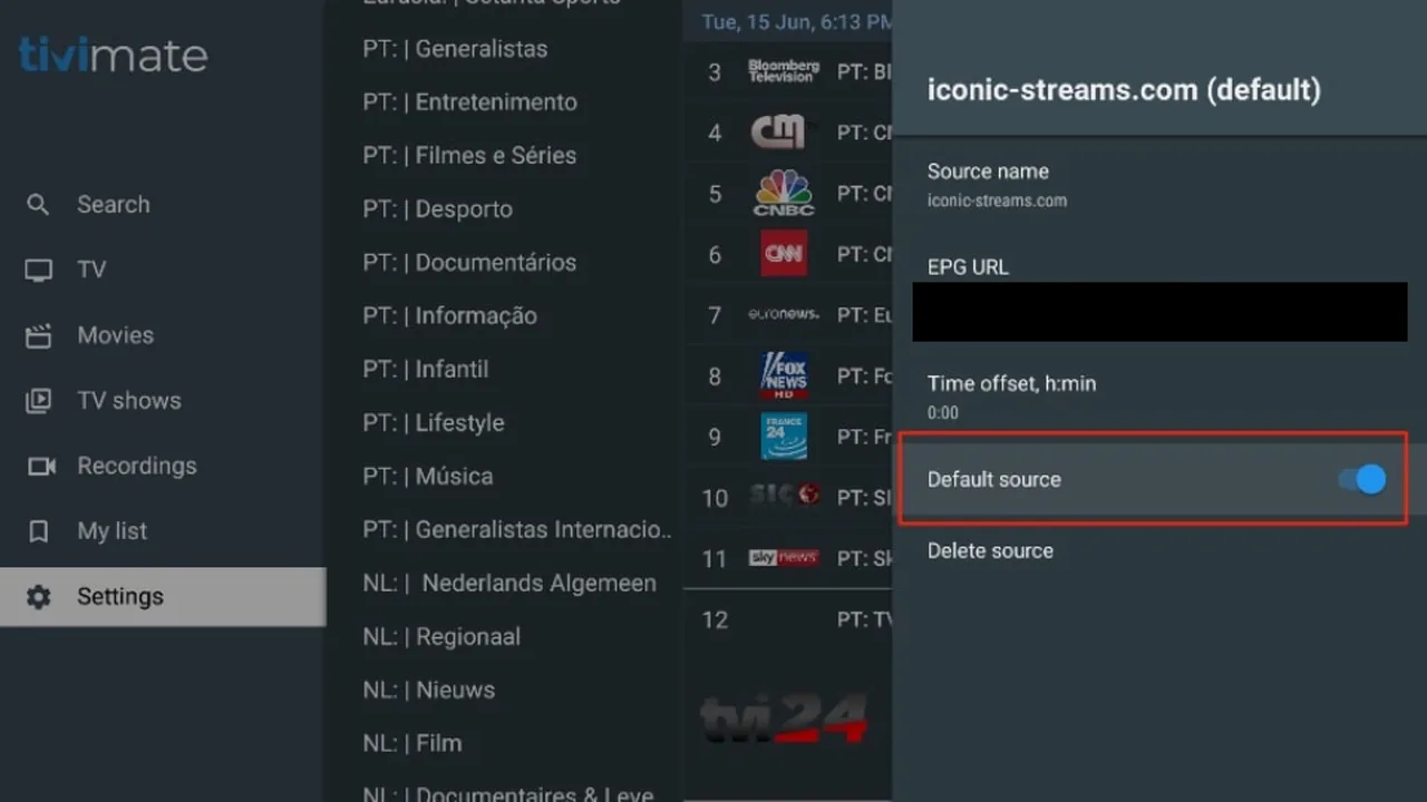 IPTV op Chromecast met Google TV: stap voor stap installeren 25 TiviMate-broninstellingen met Time offset op 0:00 en Default source ingeschakeld.