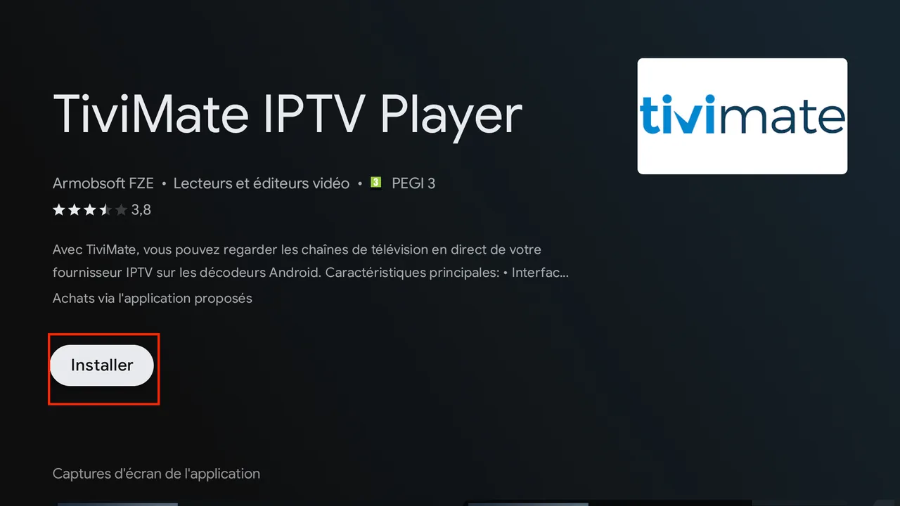 IPTV op Chromecast met Google TV: stap voor stap installeren 14 Google Play-pagina van TiviMate IPTV Player met Armobsoft FZE en de knop Installer.