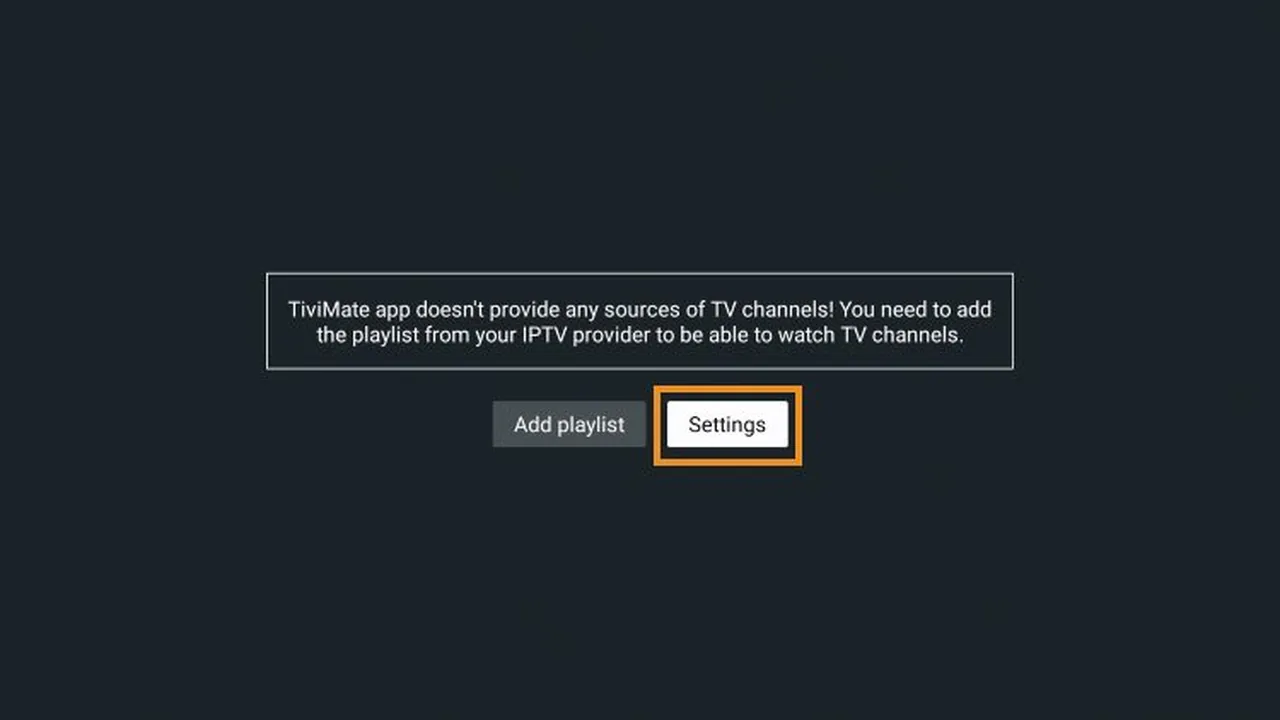 IPTV op Chromecast met Google TV: stap voor stap installeren 22 TiviMate-startscherm met Settings geselecteerd.