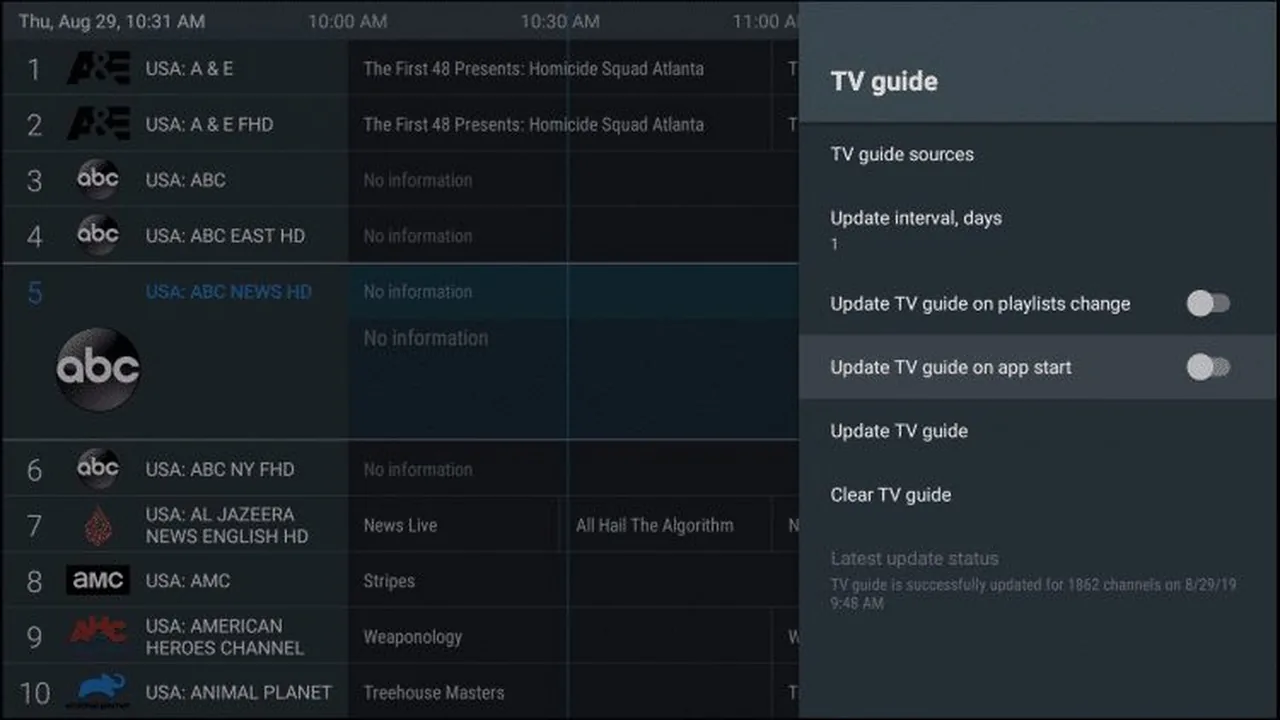 IPTV op Chromecast met Google TV: stap voor stap installeren 26 TiviMate-menu TV guide met de opties Update TV guide en Clear TV guide.