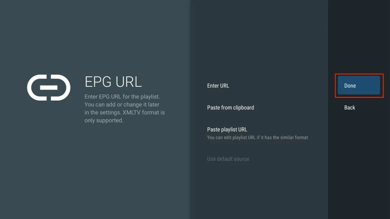 IPTV op Chromecast met Google TV: stap voor stap installeren 24 TiviMate-scherm EPG URL met een leeg URL-veld en de knop Done.