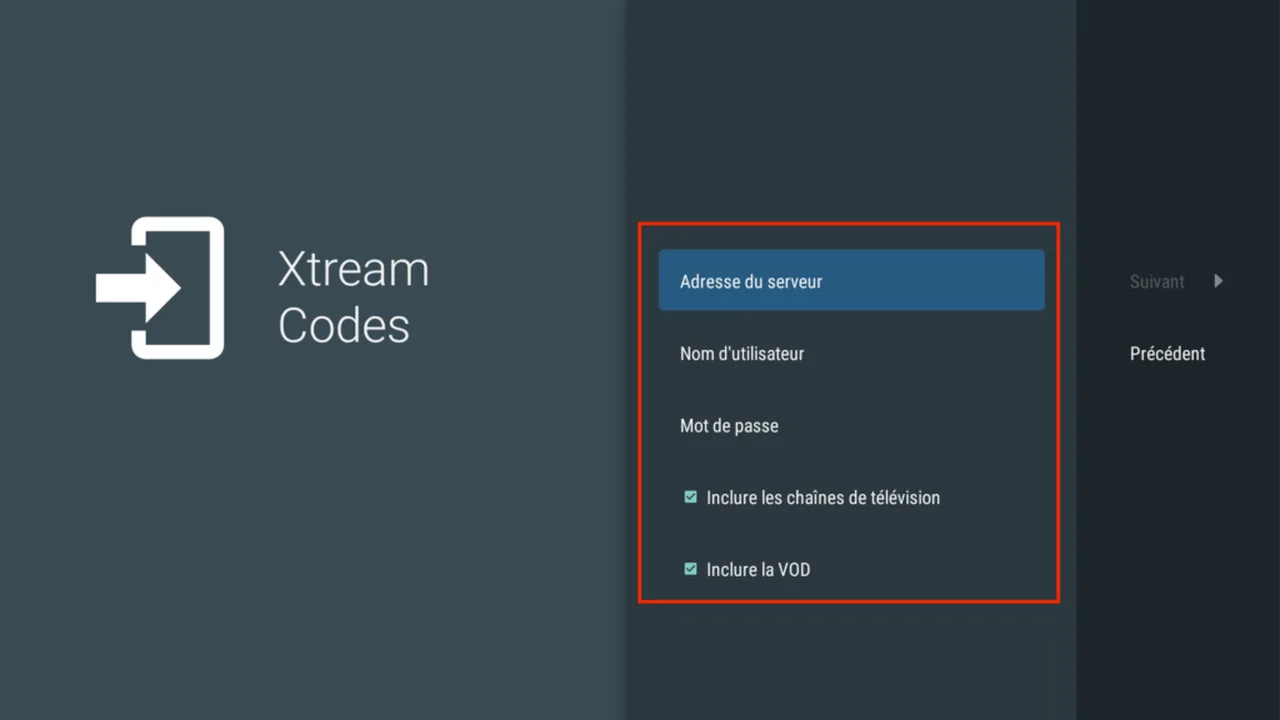 IPTV op Chromecast met Google TV: stap voor stap installeren 17 Franstalig Xtream Codes-formulier met lege velden voor serveradres, gebruikersnaam en wachtwoord.