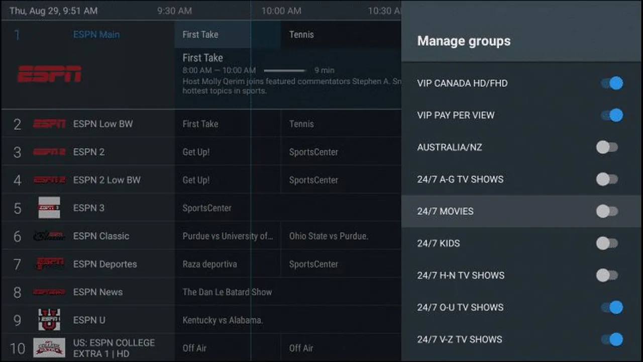 IPTV op Chromecast met Google TV: stap voor stap installeren 21 Het TiviMate-menu Manage groups met schakelaars naast verschillende zendergroepen.