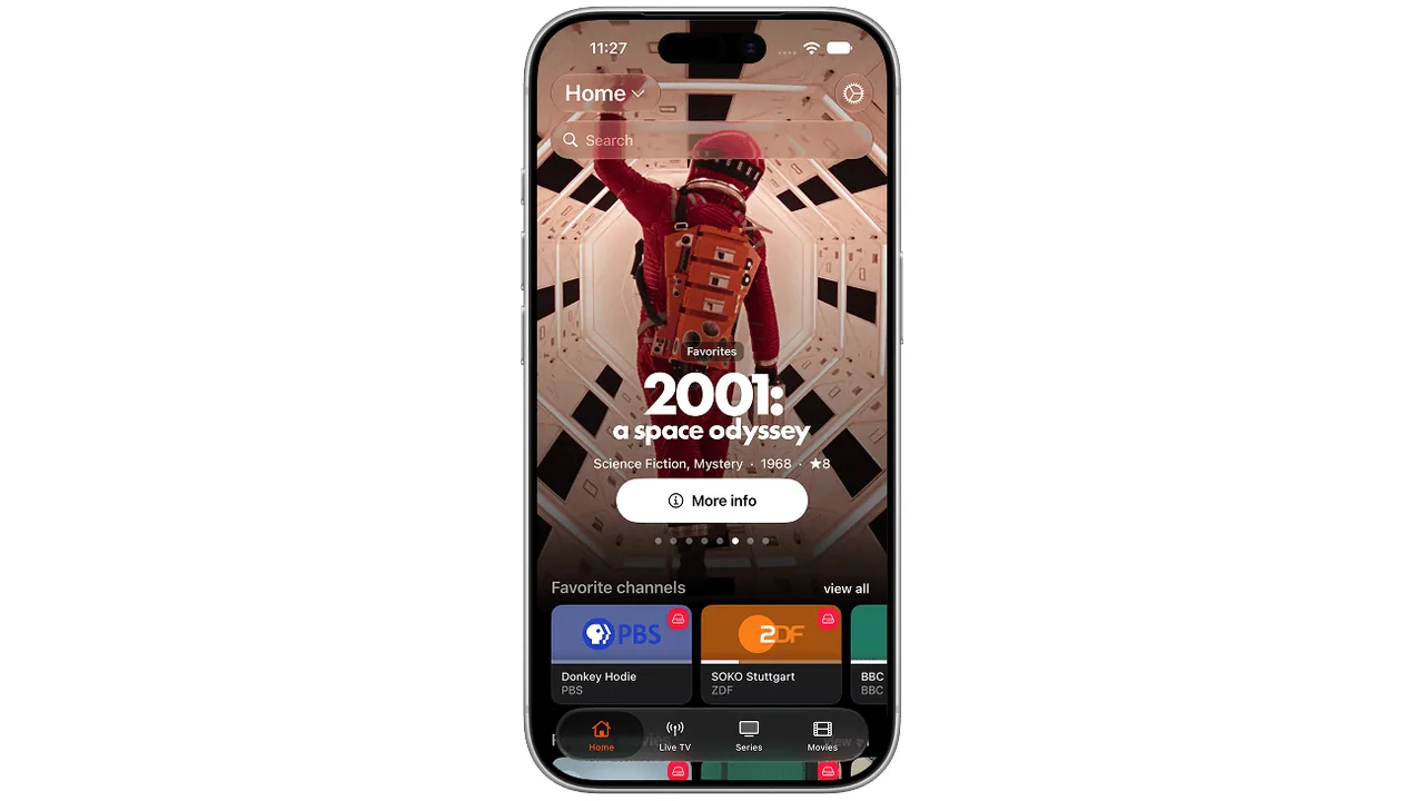 Beste IPTV-app voor iPhone en iPad (iOS): vergelijking en uitleg 2 Het beginscherm van UHF op een iPhone met favorieten en navigatie