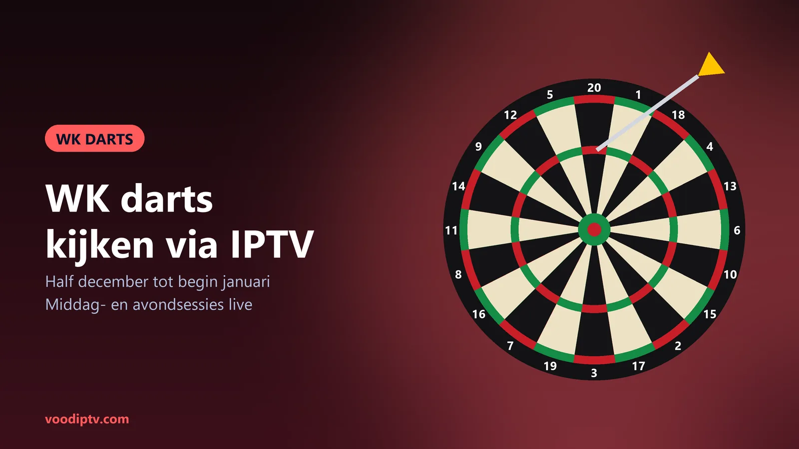 IPTV voor sport: alle sport live kijken in één abonnement 5 WK darts kijken via IPTV, dartbord met pijl in de triple 20